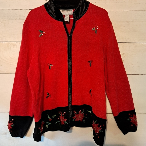 Tiara International Christmas Collec. Red Sweater Poinsettia Mistletoe Size XL - Picture 1 of 8